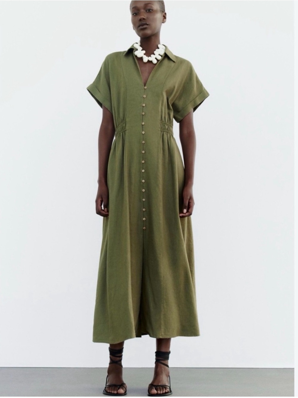 Zara Linen Blend Shirt Dress Olive Button-Front Collared Midi Dress Sz large